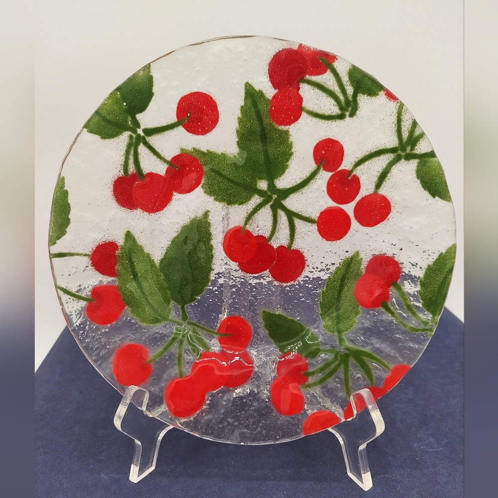 Cherry Pattern Fused Glass Serving Plate Art Summer Decor